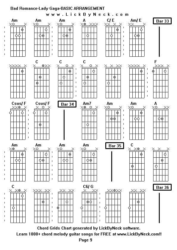 Chord Grids Chart of chord melody fingerstyle guitar song-Bad Romance-Lady Gaga-BASIC ARRANGEMENT,generated by LickByNeck software.